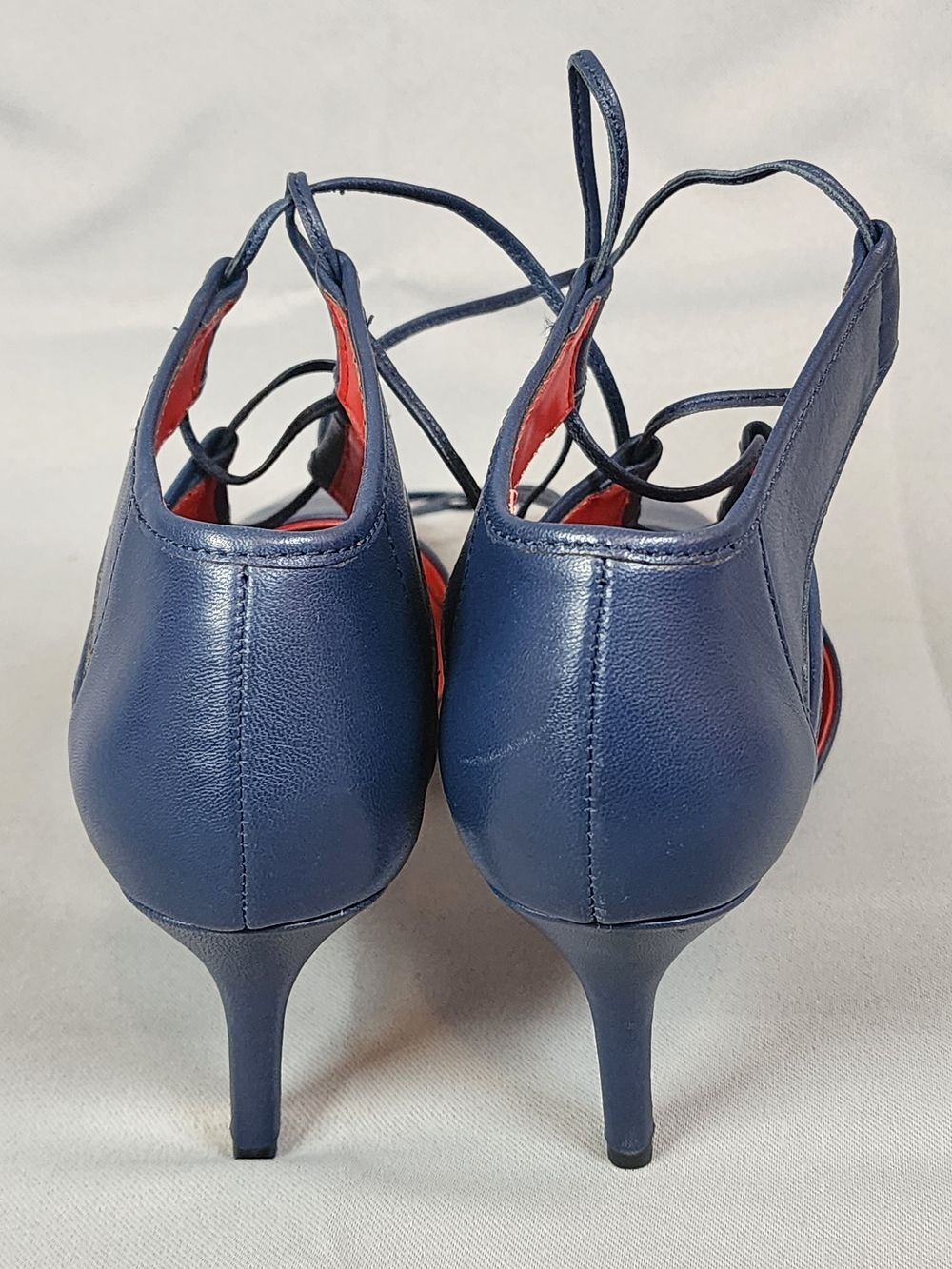 Charles Jourdan India Pump Navy Pointed Lace-Up Heels with Red Interior - Picture 5 of 13